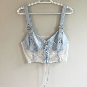 LIGHT BLUE PVC LATEX BUSTIER CREAM LACE RHINESTONE BUCKLES LACED FRONT UNDERWIRE